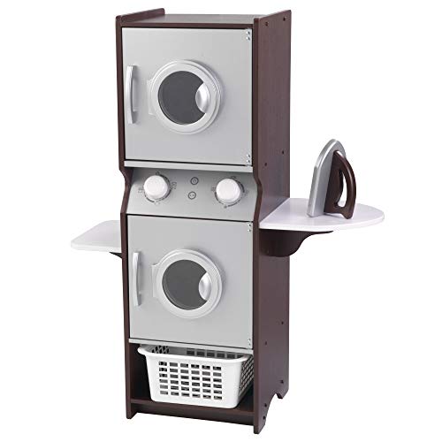 KidKraft Laundry Playset Children's Pretend Wooden Stacking Washer and Dryer Toy with Iron and Basket, Espresso, Gift for Ages 3