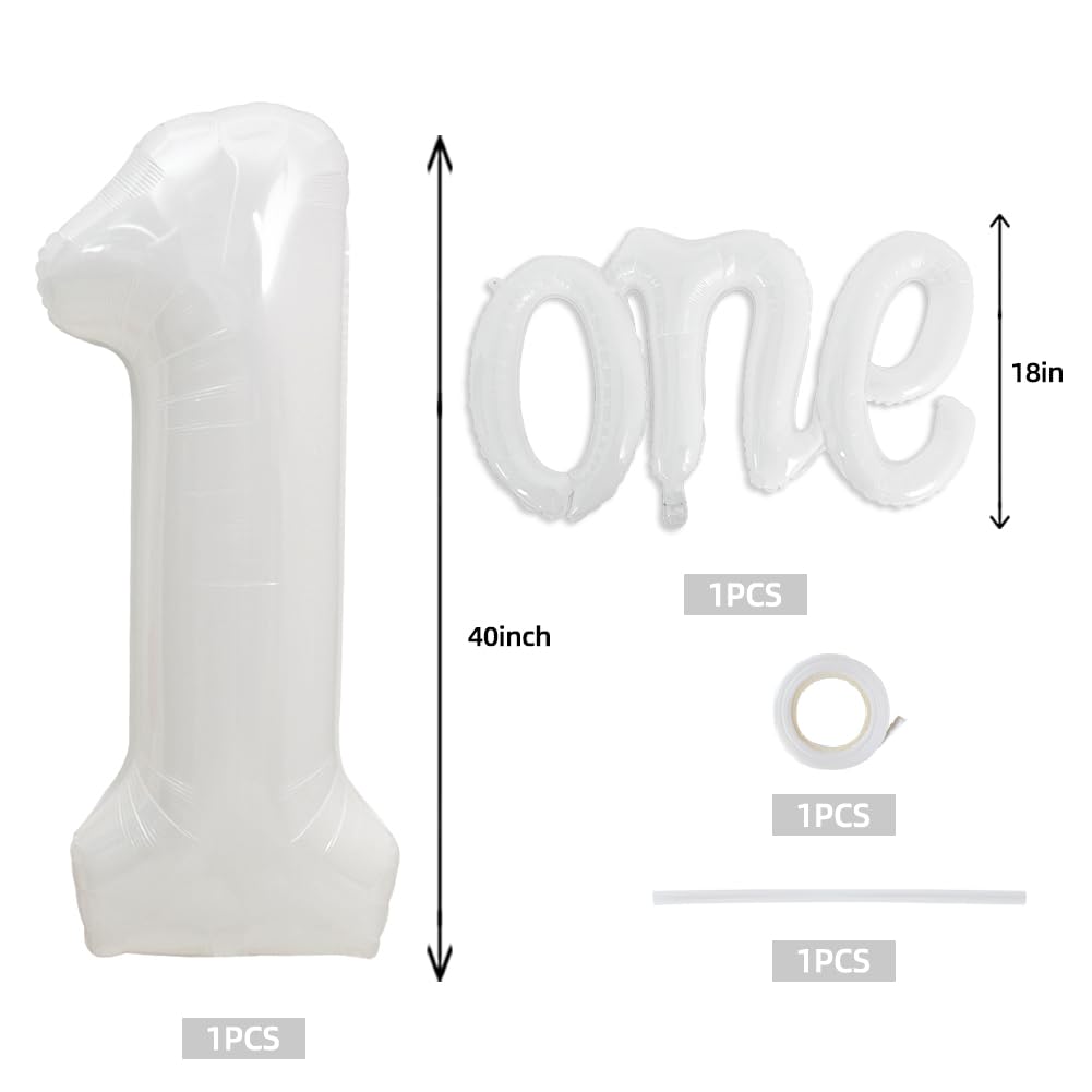 Toniful 40 Inch Giant White Number 1 Balloon,Mylar Foil Script Cursive Letter 1 Balloon Banner For Boys Girls Kids First Birthda