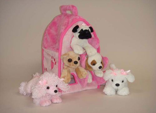 Plush Pink Dog House With Dogs - Five (5) Stuffed Animal Dogs In Pink Play Dog House Case