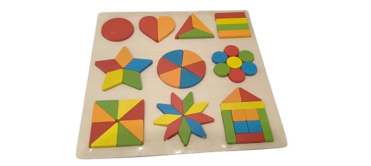 Wooden Educational Puzzle Board, Geometric Shapes, 10 Designs, Multicolour