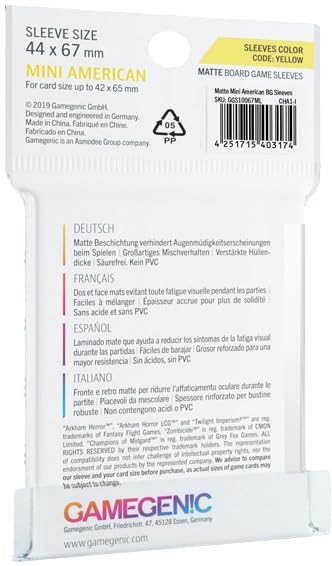 Matte Board Game Sleeves | Pack of 50 Matte Sleeves | 44 by 67 mm Card Sleeves Optimized for Mini American Card Games | enhanced Card Protection | FFG Yellow Color Code | Made by Gamegenic