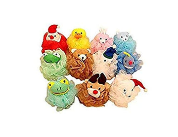 Cartoon Bath Pouf Puff Mesh Bath Sponges With Stuffed Animal Loofah (4 Pack) Rabbit,Bear,Duck,Frog Design
