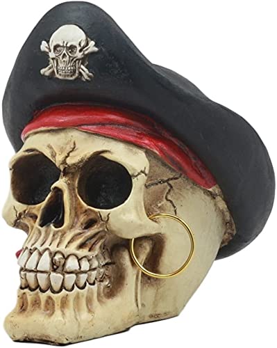 Ebros Gift Badass Pirate Captain Marauder Skull With Golden Earring Statue Captain Hook Skeleton Cranium With Crossbones Hat Figurine Skulls Skeletons