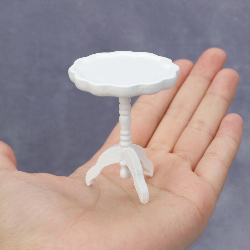 Miniature Dollhouse End Table 1:12 Scale Wooden Furniture Round Side Tea Table Model For Dollhouse Living Room Scene Decoration (White)