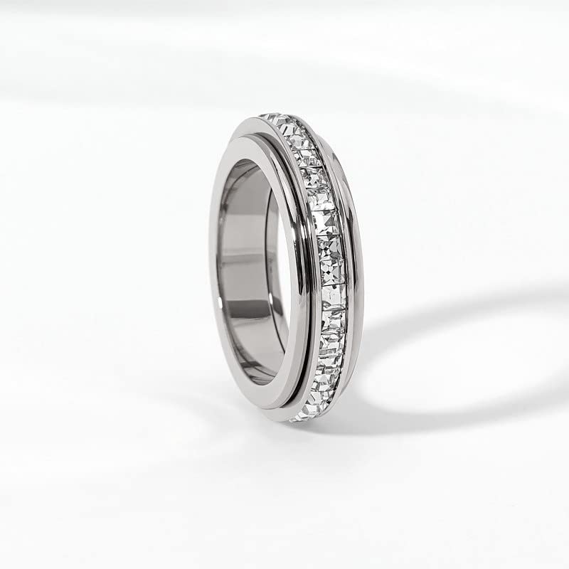 Pingyongchang Anxiety Rings Titanium Steel Spinner Fidget Band Rings For Women Ladies Cubic Zirconia Relieving Anxiety Wedding P
