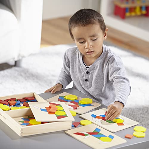 Melissa & Doug Pattern Blocks And Boards - Classic Toy With 120 Solid Wood Shapes And 5 Double-Sided Panels, Multi-Colored