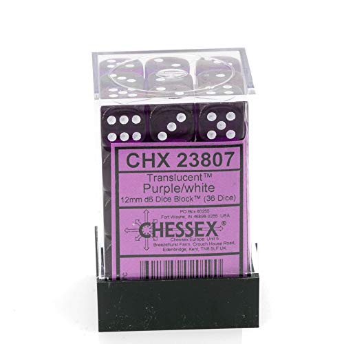 Chessex Dice D6 Sets: Purple With White Translucent - 12Mm Six Sided Die (36) Block Of Dice