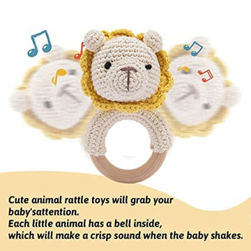 Wooden Baby Rattle Crochet Lion Baby Toys Handmade Newborn Toy Early Development Grips Stuffed Animal Organic Rattle