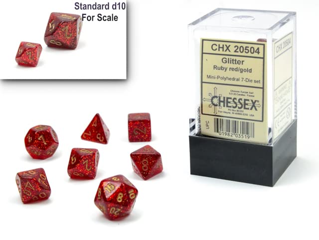 Chessex Dice Set - 10mm Glitter Red/Gold Polyhedral Dice Set - Dungeons and Dragons D&D DND TTRPG Dice - Includes 7 Dice - D4 D6