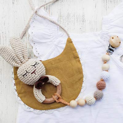 Natural Crochet Teether Toy Rattle For Baby Forest Friends Handmade Amigurumi Crochet Bunny Deer Fox On Natural Wooden Teething Ring Rattle Natural Baby Toys (Organic Bunny)