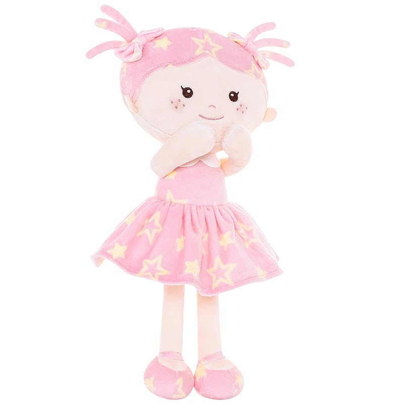 Onetoo First Baby Doll Plush Baby Girls Dolls Rag Doll Soft Baby Doll For Girls Sleeping Cuddle Buddy Doll Wear Star Pink Sleeveless Dress 14'