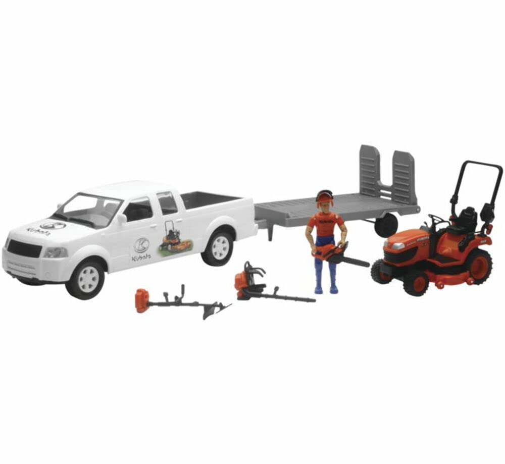Kubota 1/18 Pickup Truck and Trailer Set with Mower, Figure & Accessories - Multicolor, Model 093577332636, Plastic