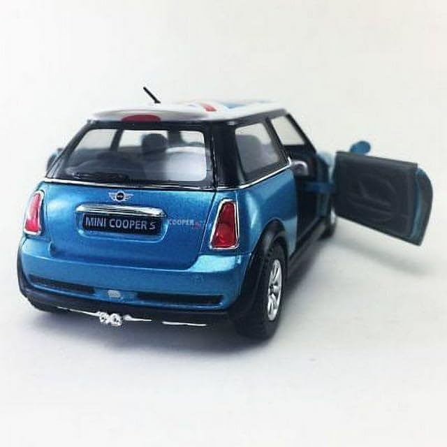 KiNSMART Mini Cooper S Die Cast Metal Model Toy Car, 5" Scale, British Flag Blue, Pullback Action