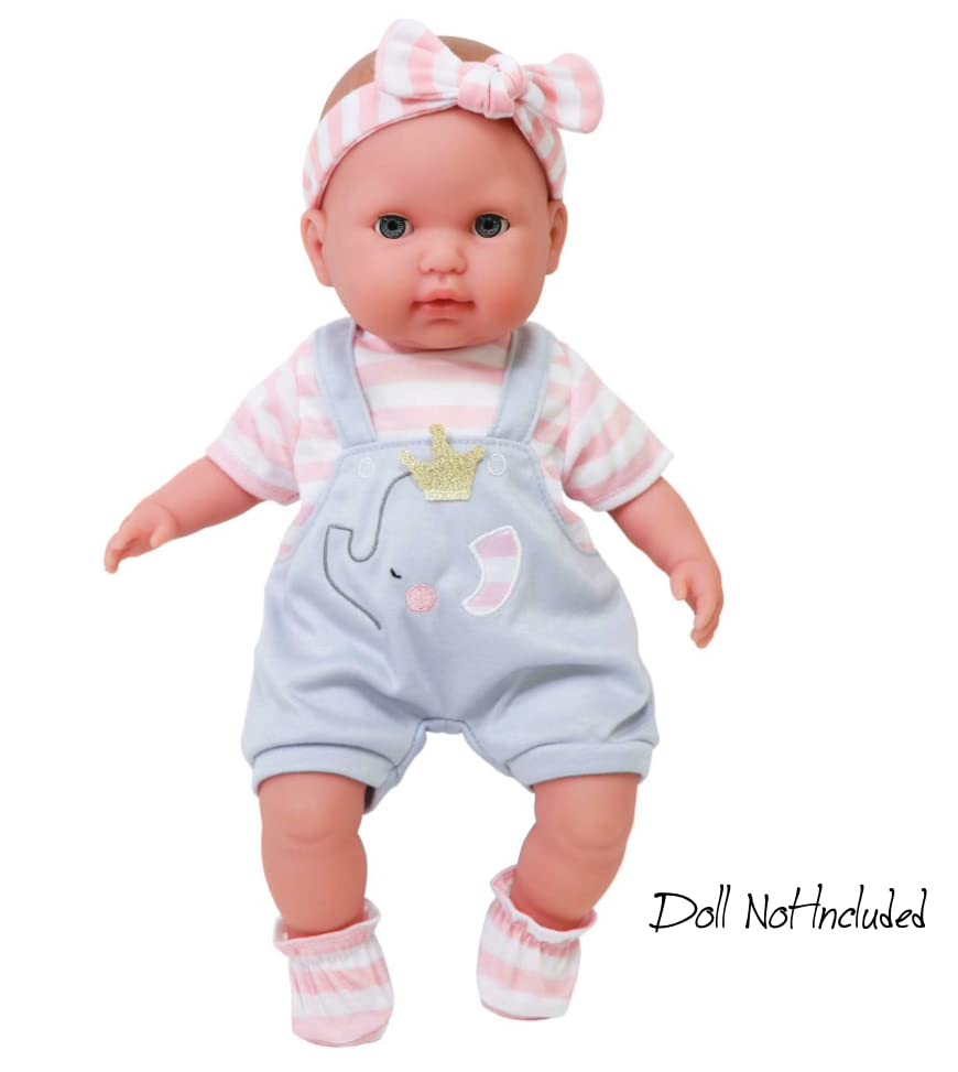 Jc Toys | Berenguer Boutique | Baby Doll Outfit | Gray Overall Shorts With Pink Stripes | Includes Headband And Booties | Ages 2+ | Fits Dolls 14'- 16'