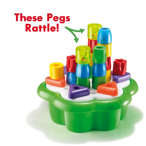 Aso Quercetti Chunky Peggy Stacking Toy - 28-Pieces Including 2 Rattle Pegs, Sturdy Daisy Basket Design With Built-In Storage, F