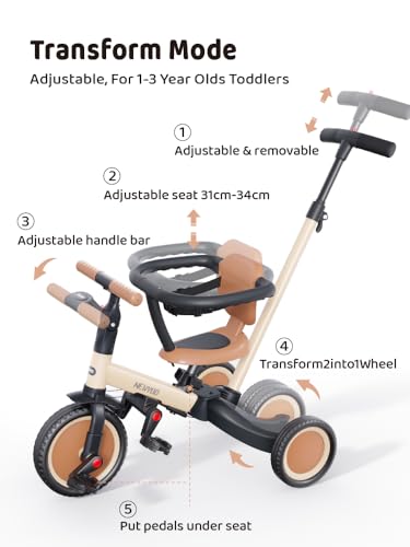 newyoo TR008 5 in 1 Toddler Tricycle with Push Handle for 1-3 Year Old Boys and Girls, Kids Push Trike with Safe Bar, Toddler Bi