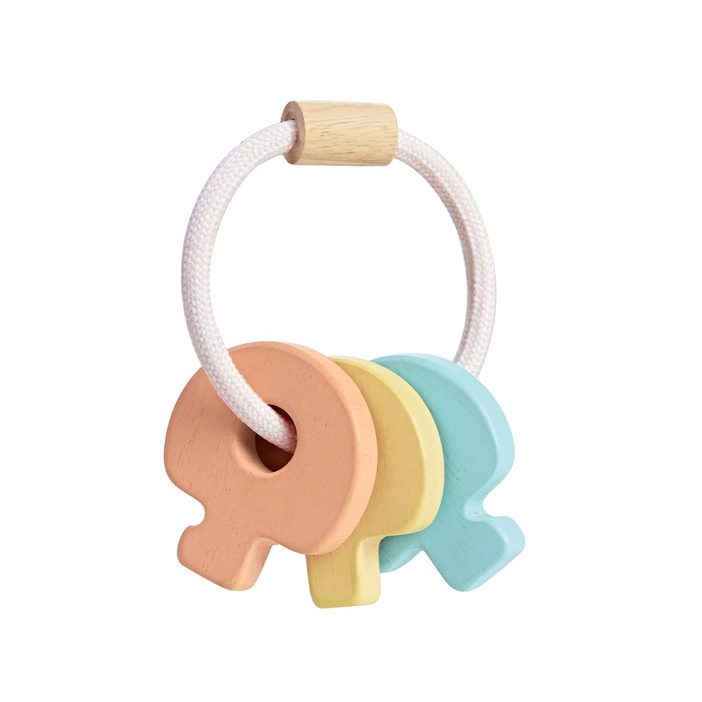 Plantoys Wooden Key Rattle And Teether Toy (5251) | Pastel Color Collection | Sustainably Made From Rubberwood And Non-Toxic Pai
