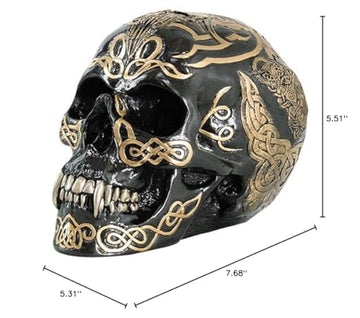 Ptc 7 Inch Black And Gold Color Celtic Pattern Skull Statue Figurine