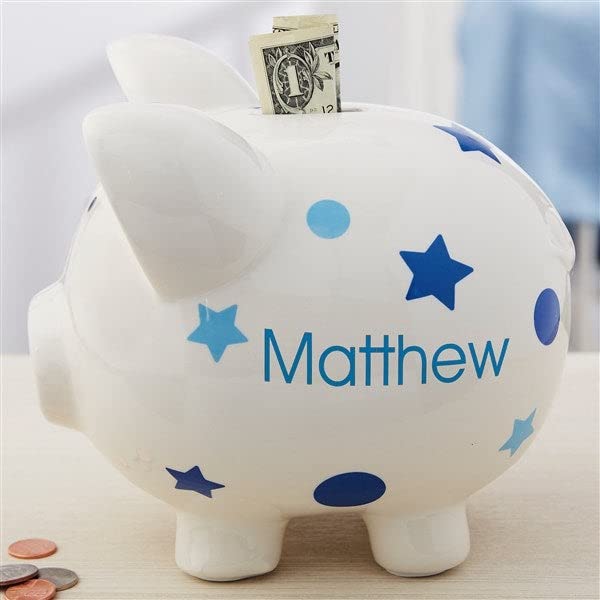 Personalization Universe Ceramic Piggy Bank For Kids, Baby Boy Polka Dots & Stars Design, Customizable With Any Name, Perfect Mo