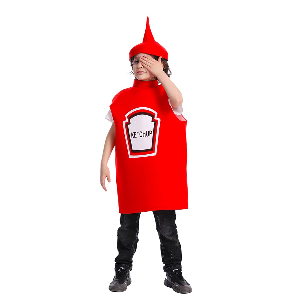 Dsplay Kids Mustard Ketchup Costume Halloween Party (10-12 Years, Red)