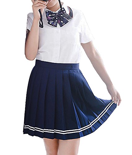 Beautifulfashionlife High Waist Flat Flared Versatile Short Pleated Skirts Costumes (XL,Navy Blue)