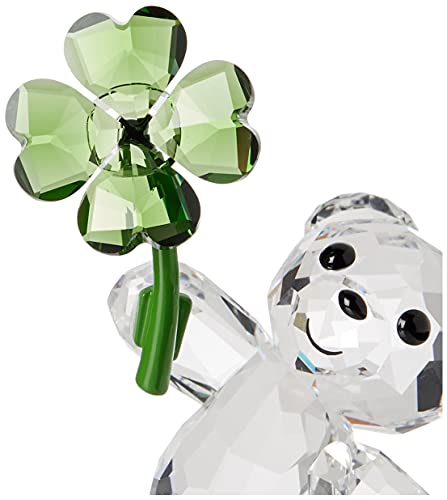Swarovski Kris Bears Lucky Charm Figurine, Clear Swarovski Crystal With A Green Four-Leafed Clover Accent, Part Of The Swarovski Kris Bears Collection