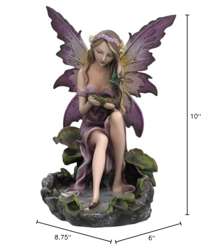 PTC 10 Inch Vinyl Water Purple Winged Fairy Sitting By Pond Statue