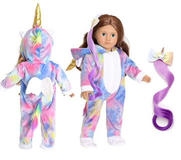 sweet dolly 18 Inch Doll Clothes Unicorn Onesie Pajamas Rainbow Color Hair Bow Clips Costume Fits 18 Inch Doll (Doll Not Include