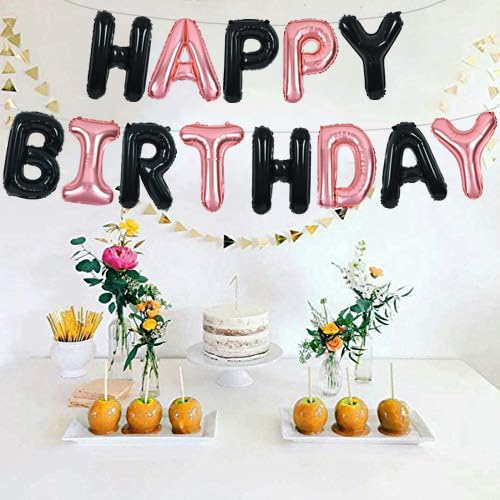 Toniful Black Rose Gold Happy Birthday Balloons Banner 16 Inch Mylar Foil Letters Birthday Sign Banner Bunting Reusable For Girl
