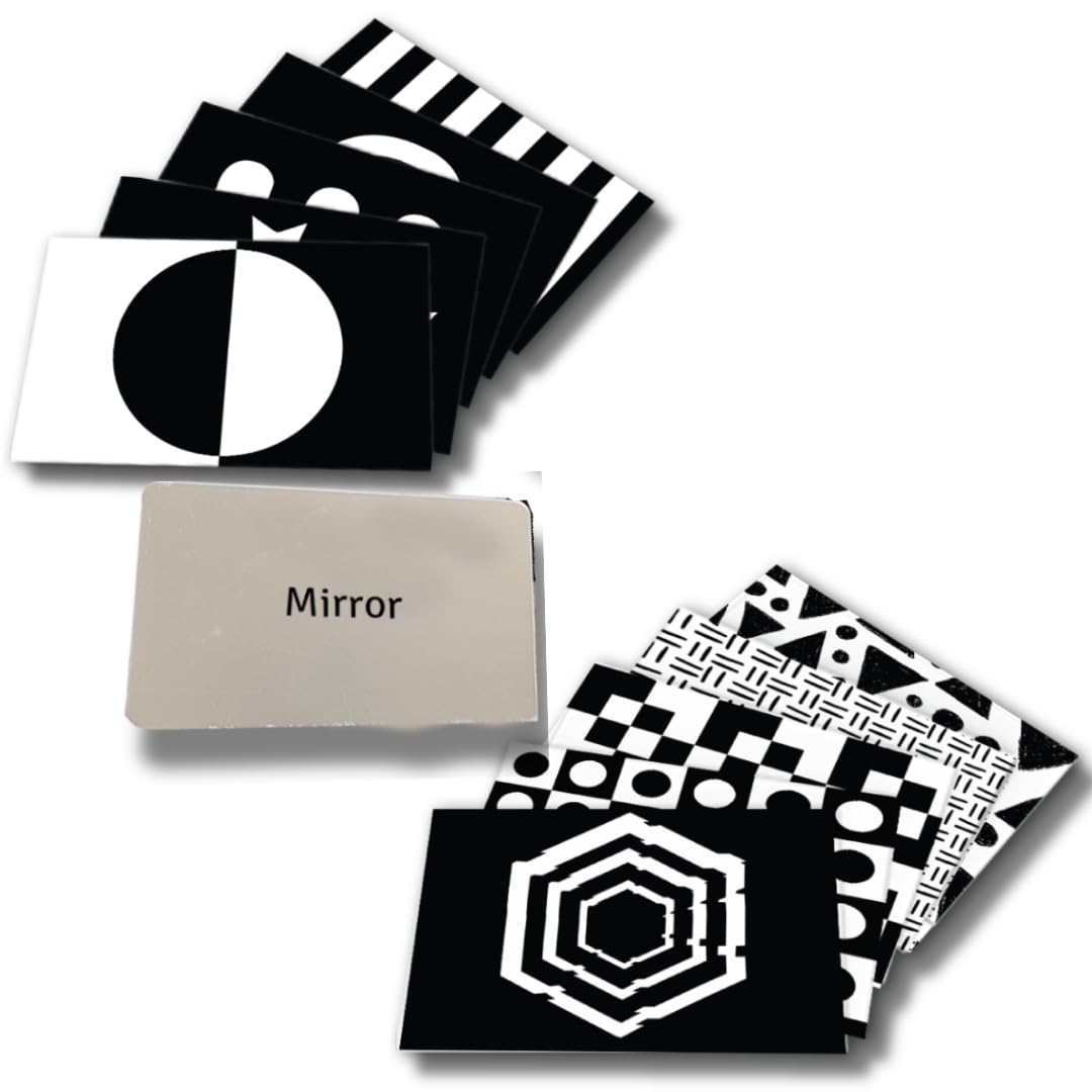 Brainytots High Contrast Flashcards With Mirror | 4 Simple Design, 4 Complex Design Flashcrds And One Card Mirror | Newborn Baby