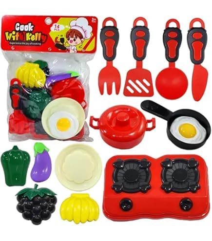 DZLING Kids Kitchen Play Set, 14 Pieces, Cooking Utensils with Toy Stove, Vegetables and Accessories, Ages 3+