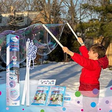 WOWMAZING Giant Bubble Kit Winter - Bubble Wand 2 Big Bubbles Mix Pouches 8 Cold-Activated Stickers for Outdoor Winter Fun |Bubbles Made in USA