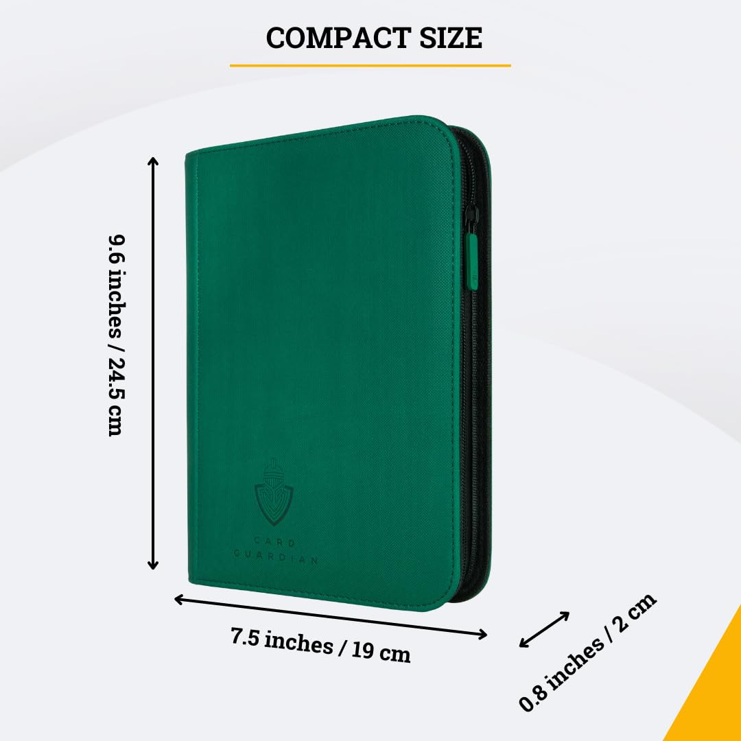 Card Guardian - 4 Pocket enhanced Binder for 160 Cards (Green) | Zipper Closure and Side Loaded Pockets | Compatible with Trading & Sports Cards including Magic the Gathering Yugioh Baseball Cards