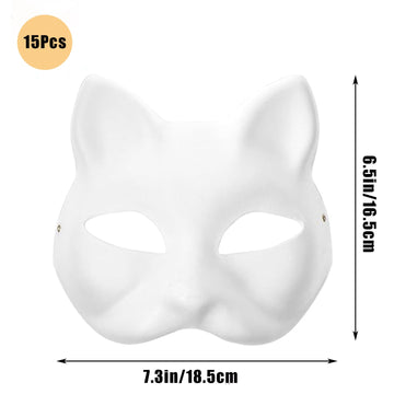 Awleynz 15Pcs Therian Mask with Strap, White Cat Masks to Paint, Blank Masks to Decorate, Paper Masks for Crafts Halloween Masqu