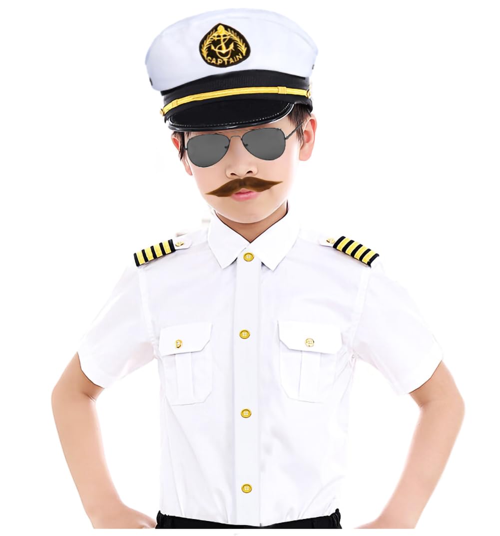 Kids Yacht Captain Sailor Costume For Boys Shirt Hat Accessories 6 Pcs Set Party Cosplay 9-10Years White