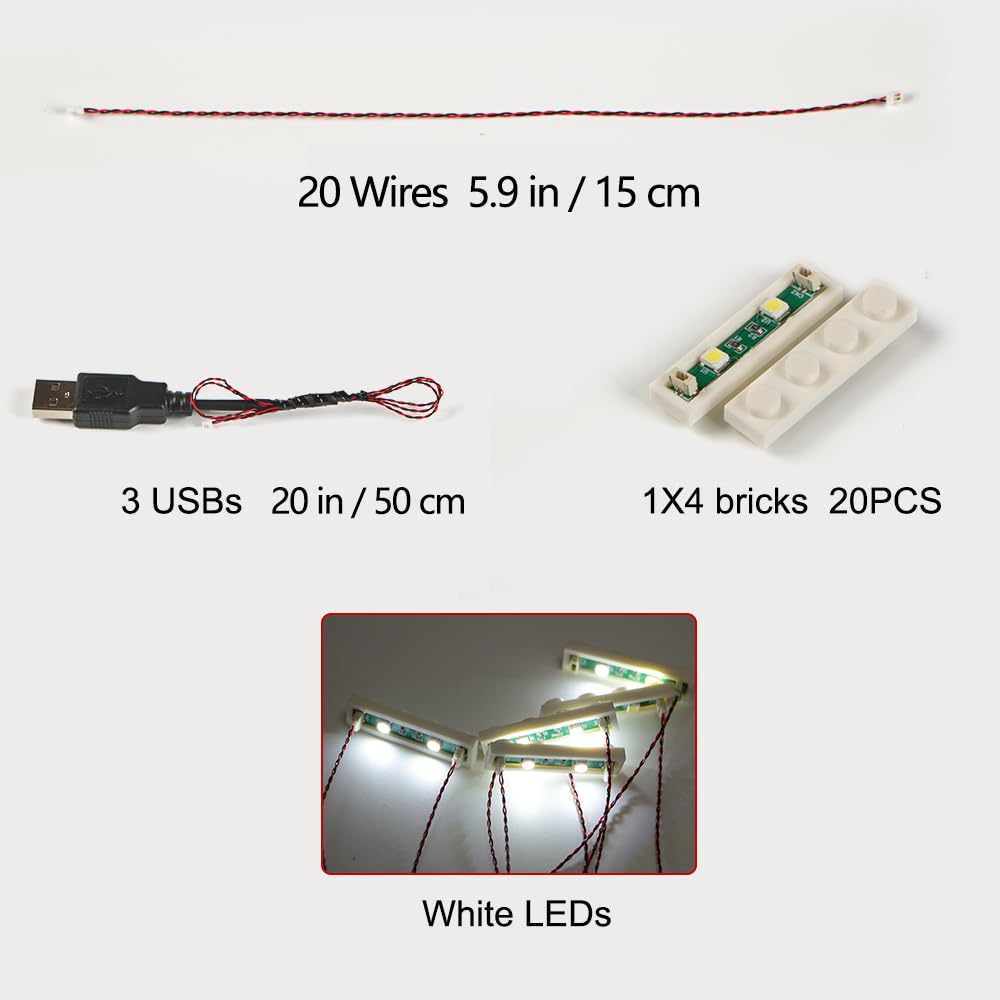 TEDDOO 20pcs 1X4 LED Lighting Kit for Lego, USB-Powered City DIY, White, Model L081X4