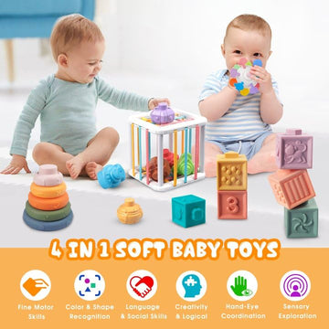 Plunack 4-In-1 Baby Toys For 6-12 Months, Montessori Soft Stacking Blocks For Babies, Infants Teething Toys, Sensory Balls And E