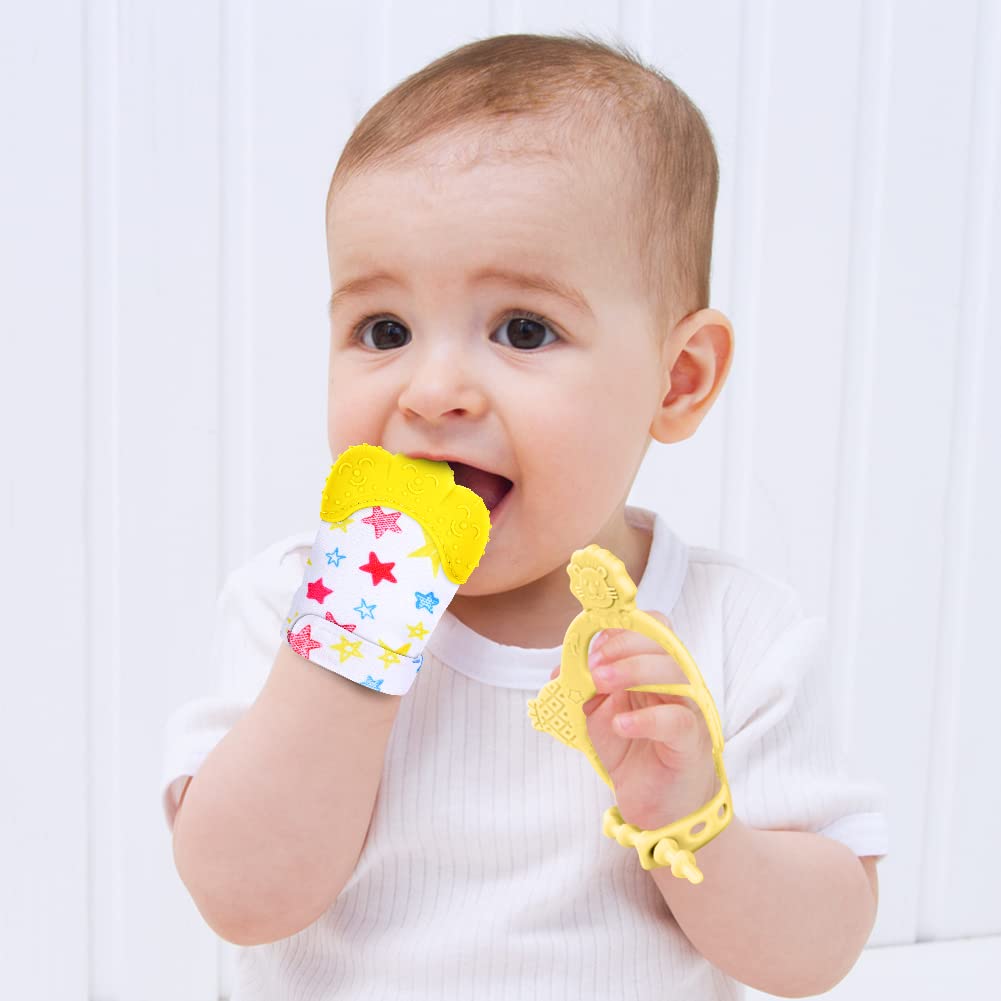 Vicloon Silicone Teething Mitt, 2Pcs Baby Teething Mitten, Baby Teething Toy with Adjustable Strap, Crinkle Sound and Textured,