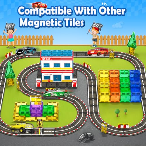 Igivi Magnetic Tiles Racing Track & Road Expansion Set With Car Toys, Magnetic Block Building Toys Games For Toddler Kids, Stem Montessori Toys For 3+ Year Old Boys & Girls, Car Lovers Must Haves