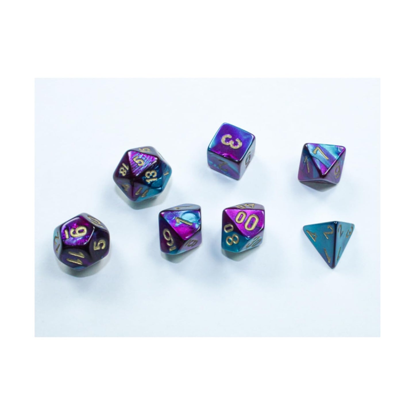 Purple And Teal Gemini Mini Dice With Gold Colored Numbers 10Mm (3/8In) Set Of 7 Chessex