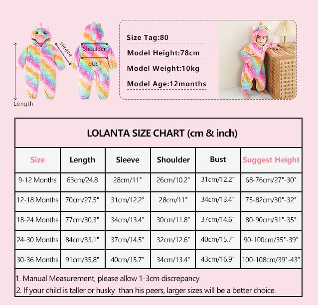 Lolanta Baby Girls Halloween Costumes, Infant Flannel Romper, Toddlers Fleece Hooded Jumpsuit, Cute Colorful Bodysuit (Rainbow, 24-30 Months)