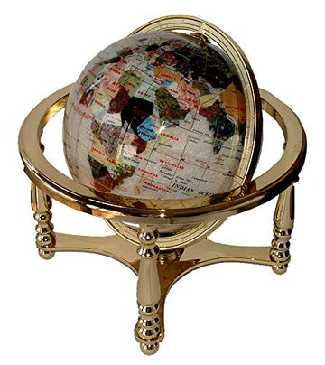 Unique Art Gemstone Globe - 13" Tall, 9" Diameter, Pearl White, Metal, Model 220GB-pearl, 4-Leg Gold Stand