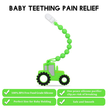 AmazingM Silicone Tractor Truck Teether Toy, Medium, Green, BPA Free, Freezer Safe, Includes Pacifier Clip, Ideal for 3 Months+ Boys & Girls