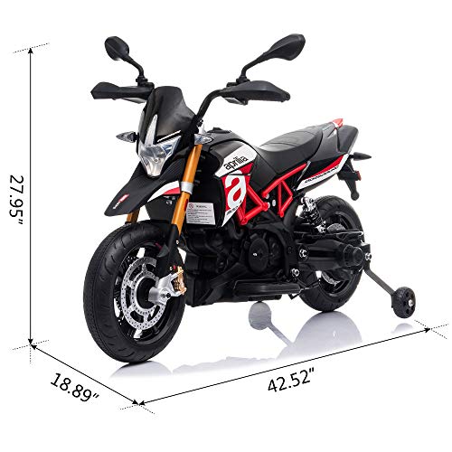 TOBBI 12V Aprilia Licensed Kids Ride-On Motorcycle Dirt Bikes for Kids with Training Wheels, Spring Suspension, Lights, Music St