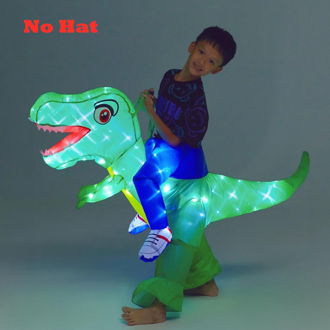 Bddedd Kids Inflatable Costume, Dinosaur Rider,Blow Up T-Rex Costumes With Led Light For Cosplay Halloween Christmas Party (Gree