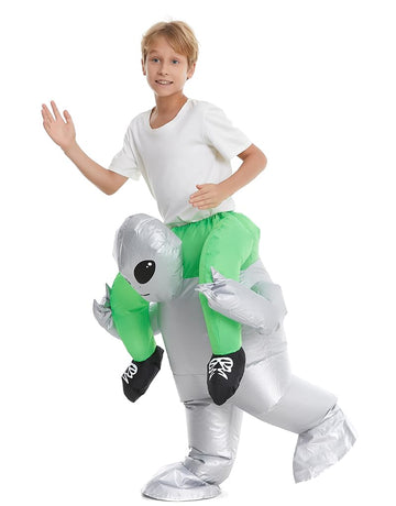 Hsctek Inflatable Alien Costume Kids Boys Girls, Blow Up Riding Alien Abduction Costume Child, Carrying Me Holding Man Halloween Costume Children, Silver
