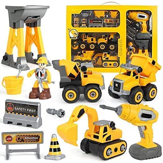 Ahbht Construction Vehicles Pretend Play Toy Trucks Set Building Vehicles Set Diy With Working Drill For Kid (Red Color)