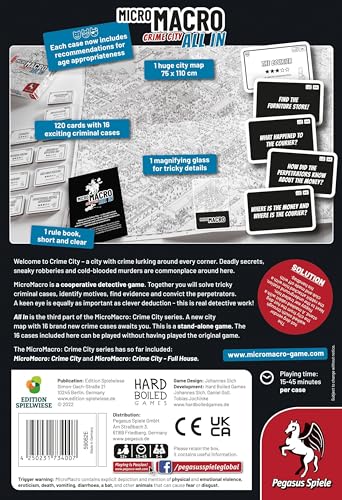 Pegasus Spiele MicroMacro: Crime City 3 Board Game - 1-4 Players, Cardboard, 75 x 110 cm, White, Ages 14+, English Version
