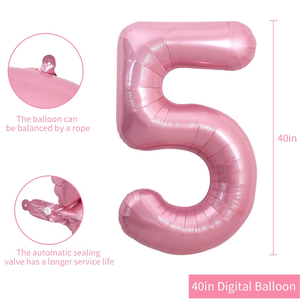Toniful 40 Inch Light Pink Large Numbers Balloons 0-9, Number 5 Digital 5 Helium Balloons, Pink Foil Mylar Big Number Pastel Bal