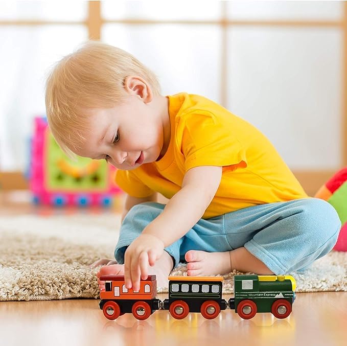 Wooden Train Cars 9 Piece Collection Of Magnetic Trains And Wood Engine And Vehicles Compatible With All Major Brands, A Deluxe